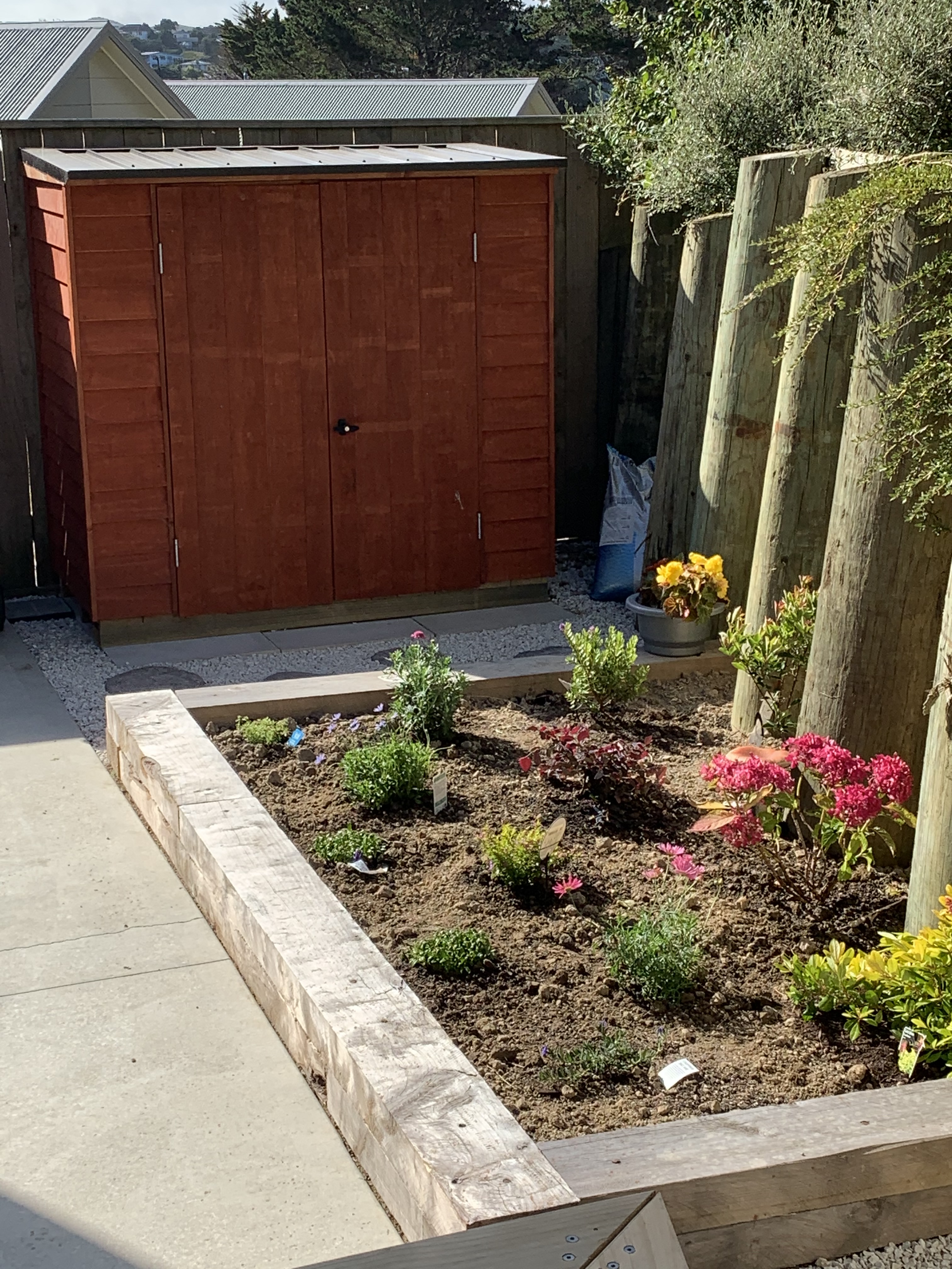 Wellington townhouse kitset shed, raised macrocarpa sleepers flower garden, pavers and ground cover - by Grumpy Bob